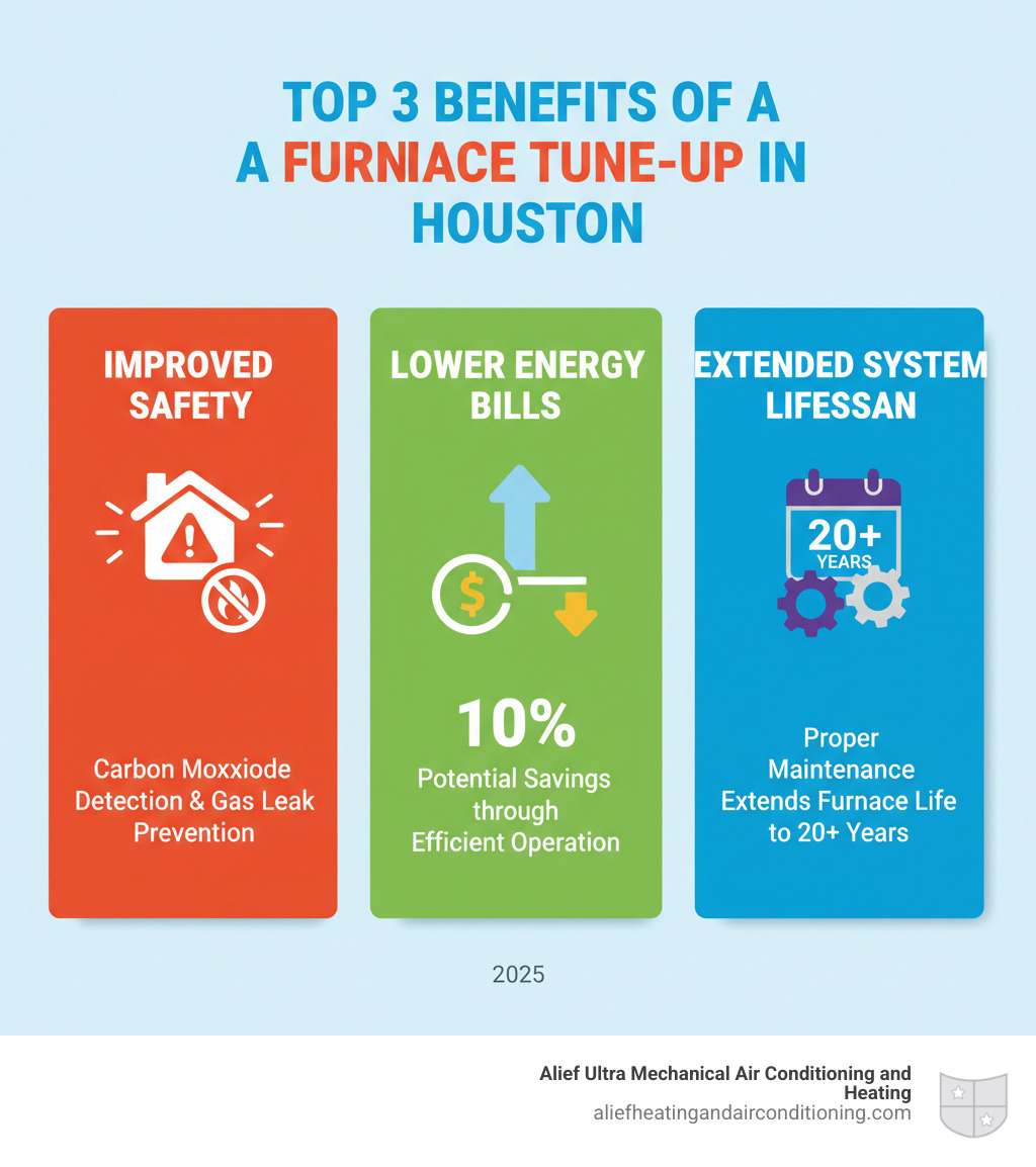 Infographic showing the top 3 benefits of a furnace tune-up in Houston: Improved Safety with carbon monoxide detection and gas leak prevention, Lower Energy Bills with 10% potential savings through efficient operation, and Extended System Lifespan with proper maintenance extending furnace life to 20+ years - furnace tune-up houston infographic 