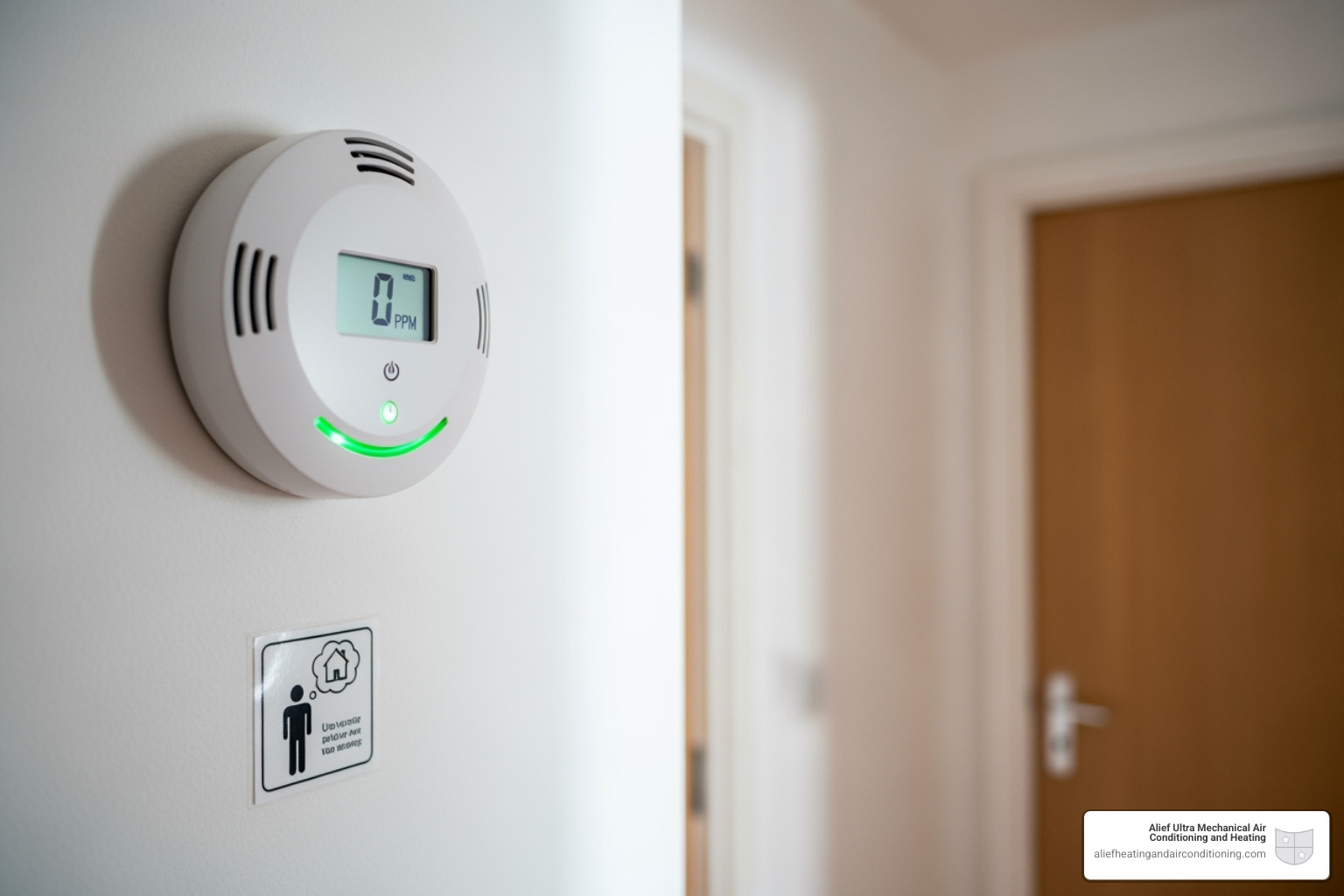 A carbon monoxide detector installed on a wall in a hallway, indicating safety awareness - furnace tune-up houston