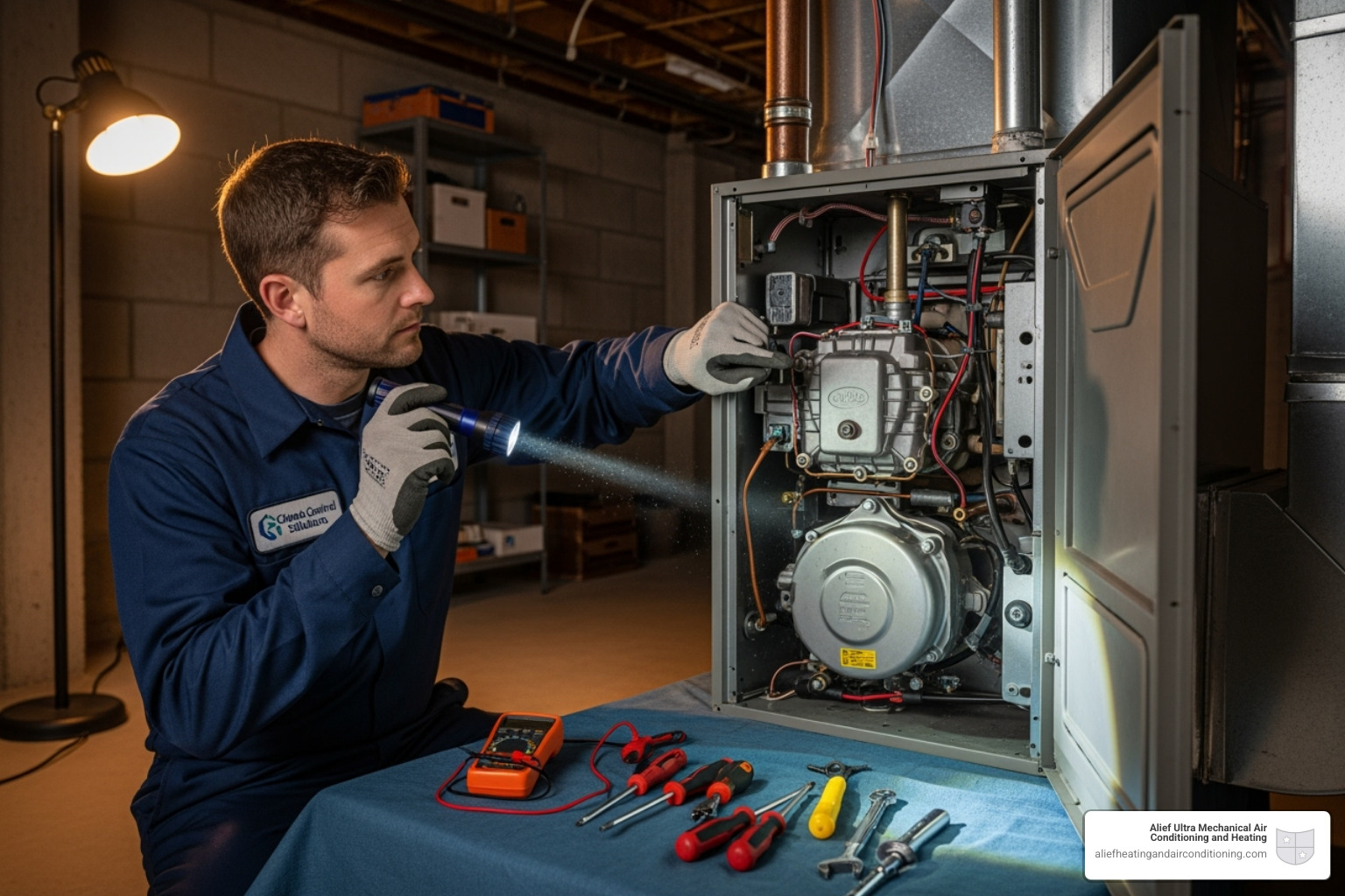 A professional HVAC technician carefully inspecting the internal components of a gas furnace with a flashlight - furnace tune-up houston