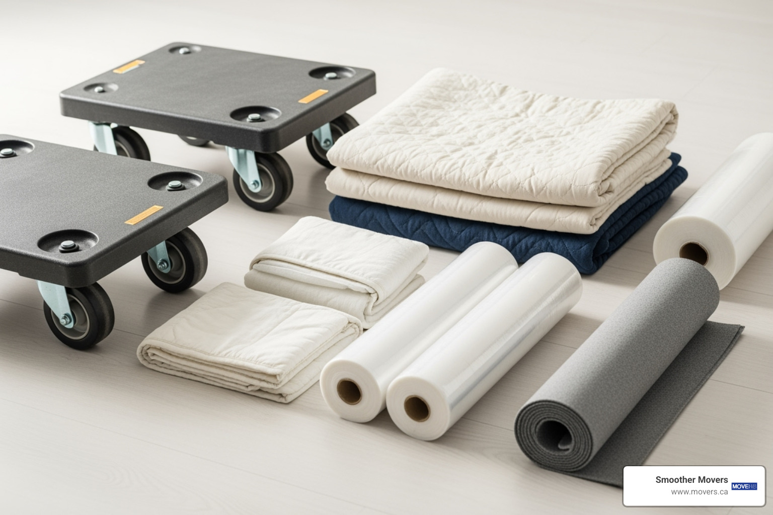 An array of professional moving equipment, including heavy-duty furniture dollies, thick moving blankets, industrial shrink wrap, and floor runners, laid out for a move - furniture moving experts