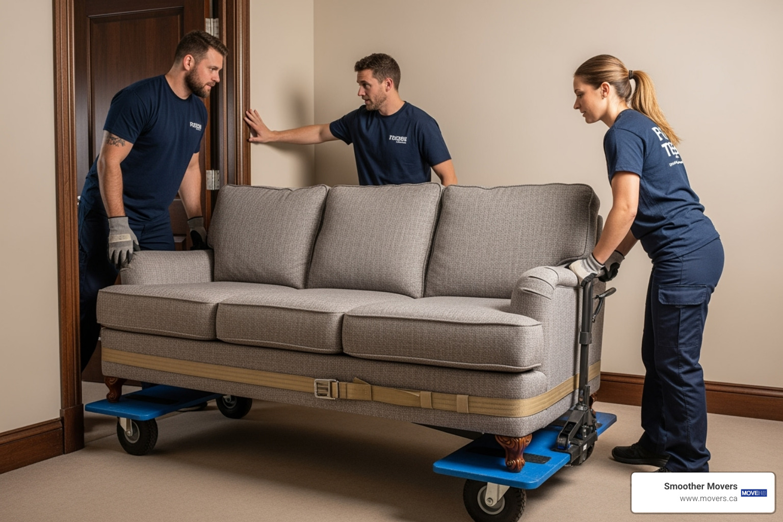 Smoother Movers' team expertly uses dollies and straps to maneuver a large, upholstered sofa through a doorway - furniture moving experts