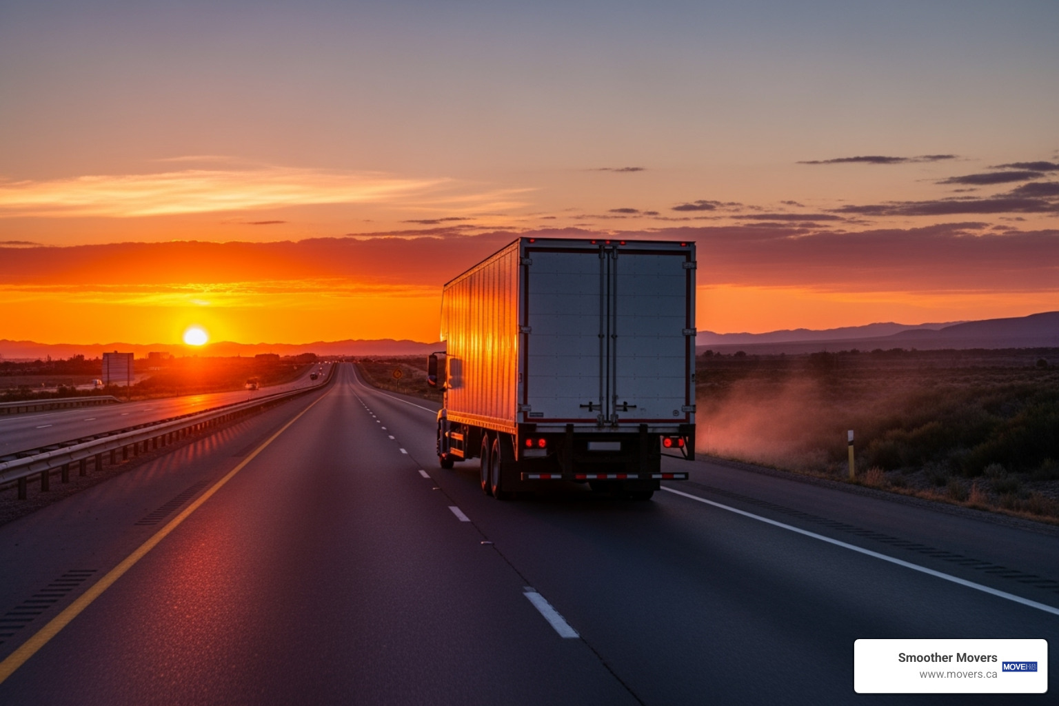 A Smoother Movers truck driving away into the sunset, symbolizing a successful and stress-free move - furniture moving experts