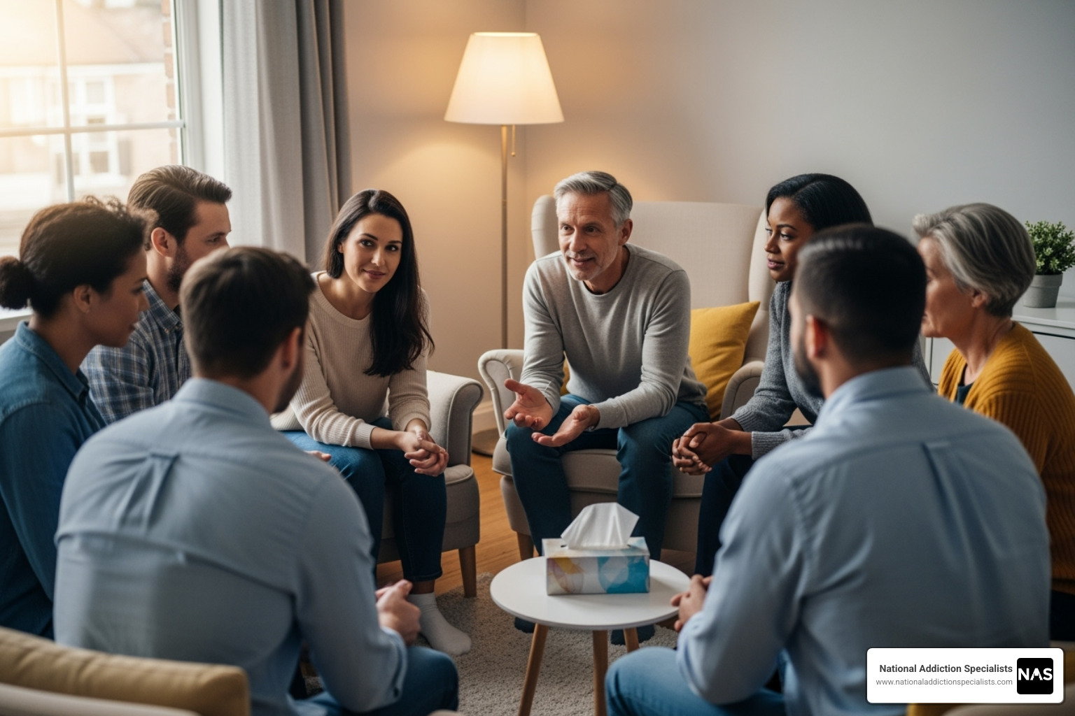 A diverse group of people participating in a support group, showing mutual encouragement and empathy - Treatment for opioid use