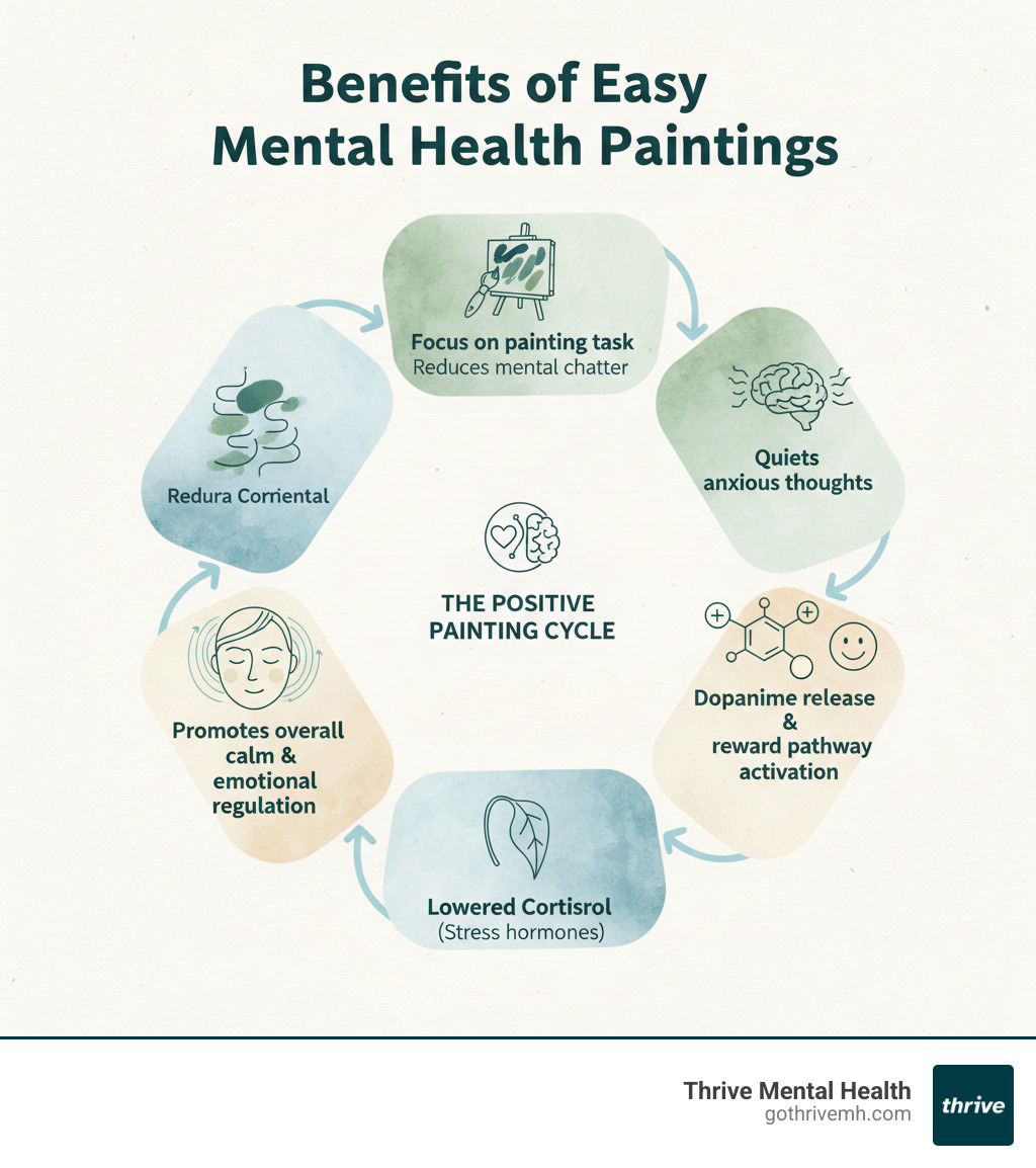 Benefits of Easy Mental Health Paintings infographic showing the cycle: Focus on painting task reduces mental chatter, which quiets anxious thoughts, leading to dopamine release and reward pathway activation, resulting in lowered cortisol stress hormones, ultimately promoting overall calm and emotional regulation - easy mental health paintings infographic 