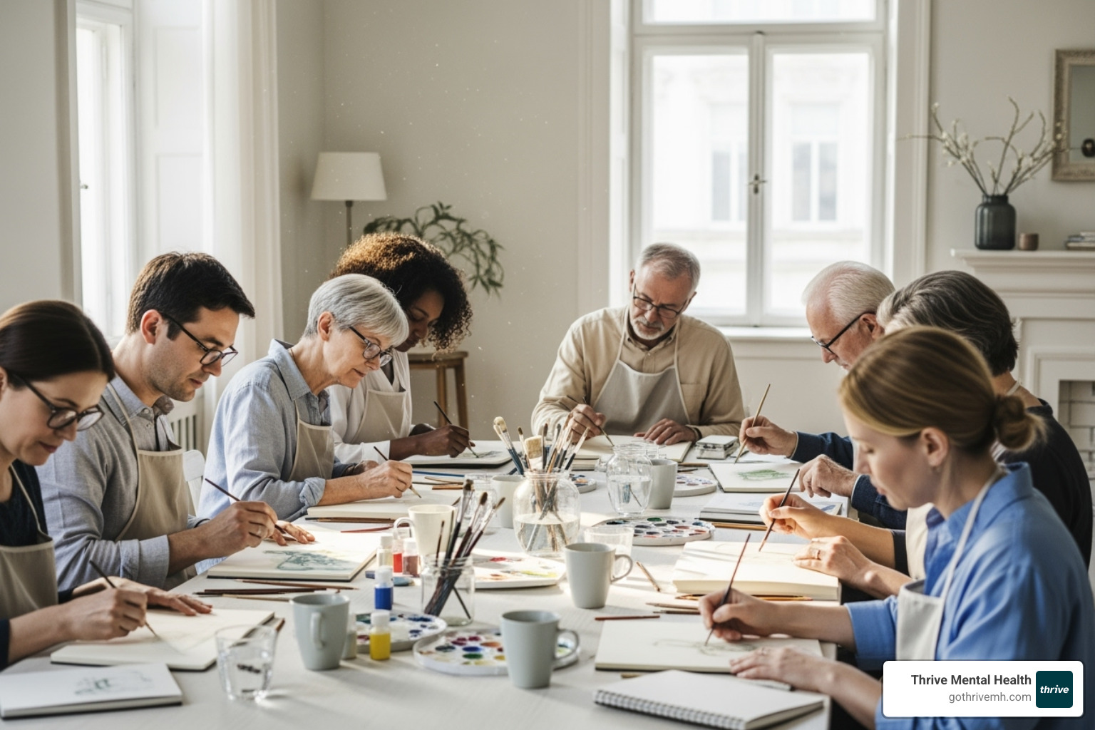 diverse group of people participating in an art therapy session - easy mental health paintings