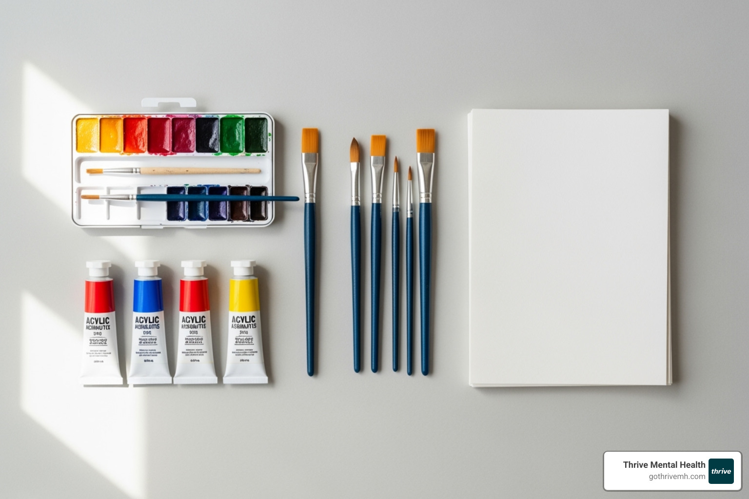 beginner's painting kit: watercolor pan set, acrylic tubes, brushes, and paper - easy mental health paintings