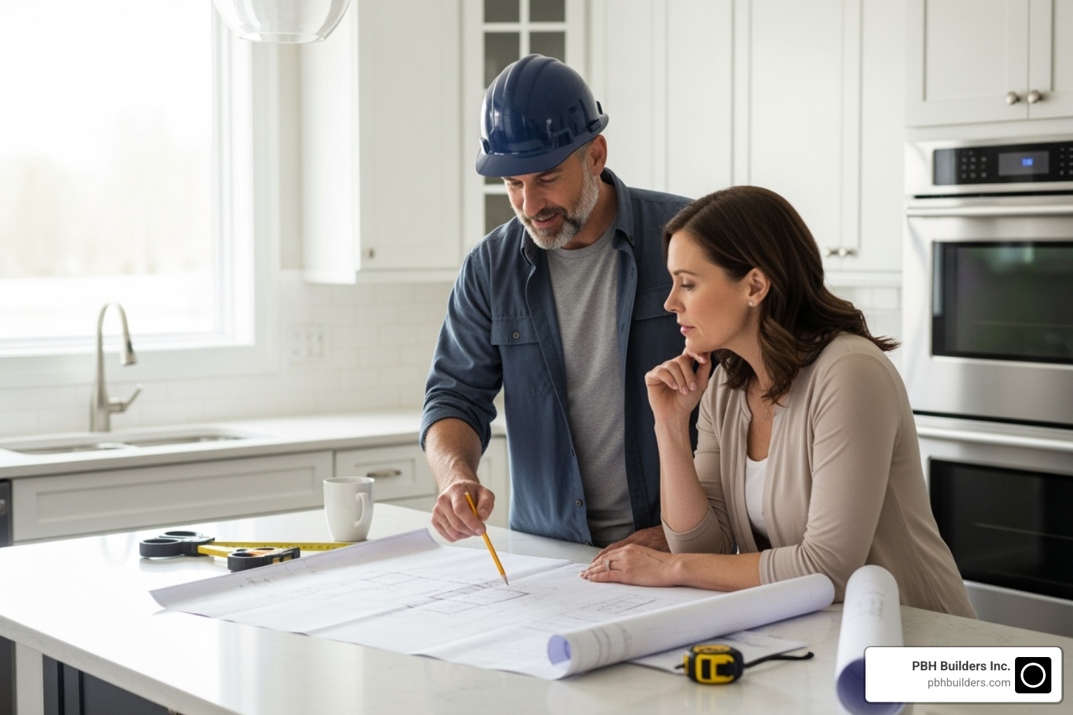 contractor consulting with a homeowner over kitchen blueprints - kitchen remodel chula vista