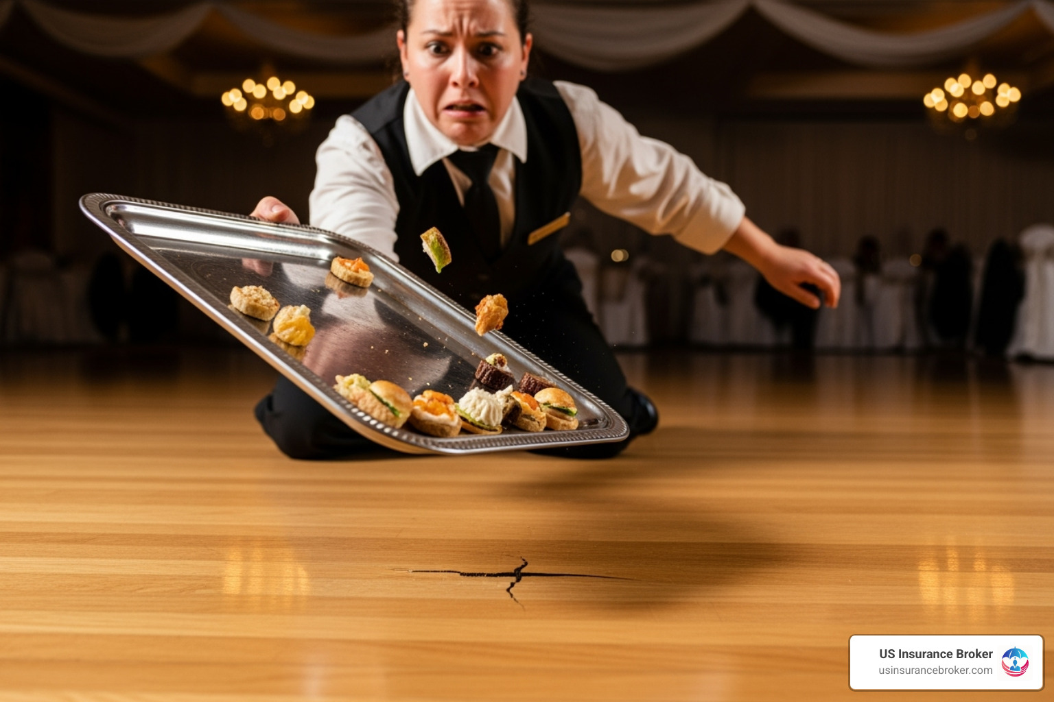 Image illustrating a covered scenario, like a caterer accidentally damaging a venue's floor - short term general liability insurance cost Image illustrating a covered scenario, like a caterer accidentally damaging a venue's floor - short term general liability insurance cost