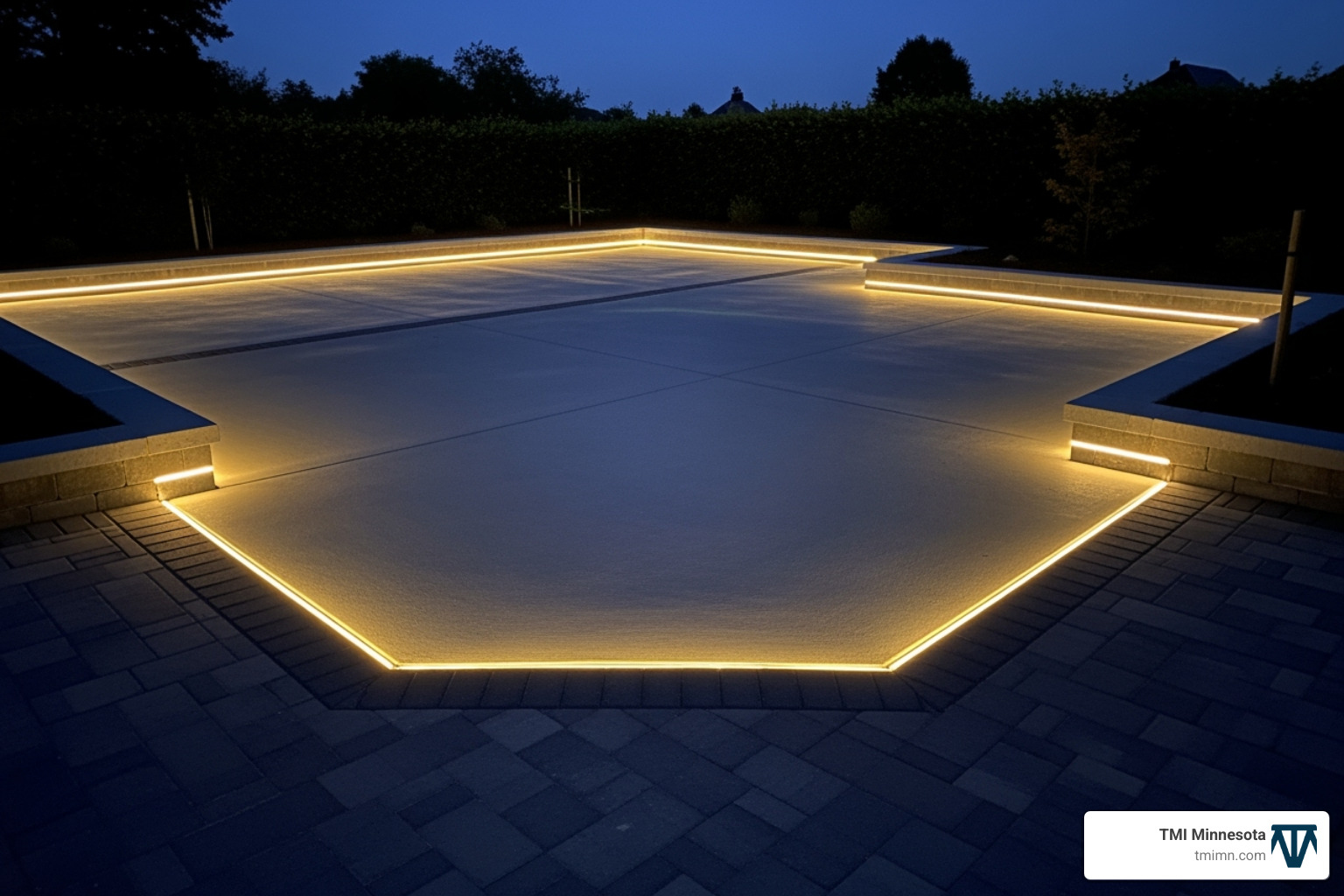 Modern concrete driveway with integrated LED lighting and a contrasting paver border at dusk - concrete driveway design