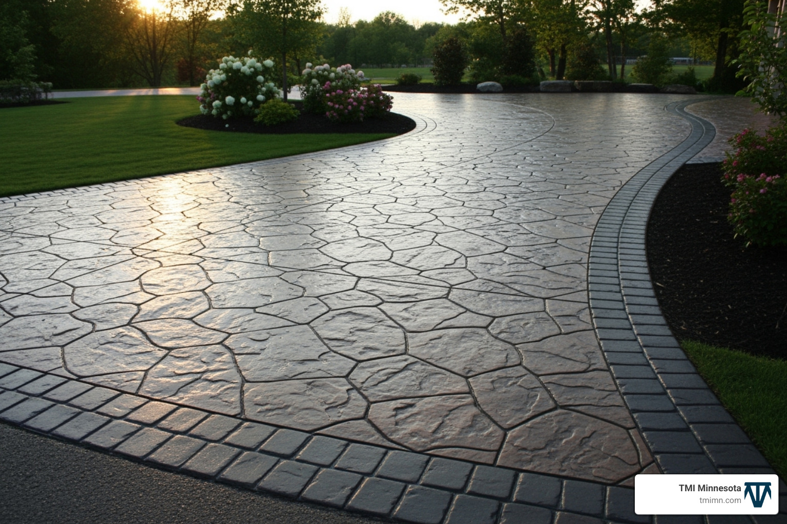 Stamped concrete driveway mimicking natural stone with a contrasting border - concrete driveway design