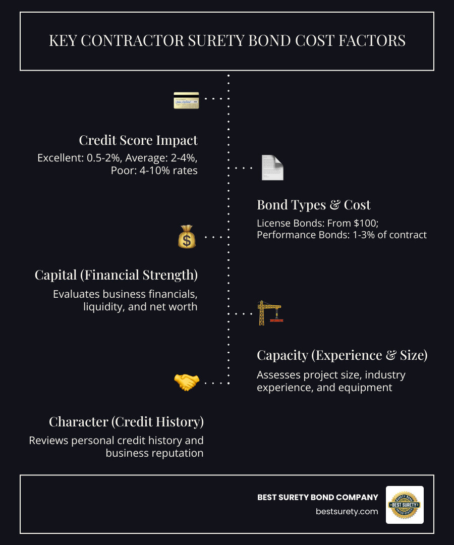 Detailed breakdown of contractor surety bond cost factors including credit score impact (excellent credit: 0.5-2%, average credit: 2-4%, poor credit: 4-10%), bond types (license bonds starting at $100, performance bonds at 1-3% of contract value), and the three key underwriting criteria: Capital (financial strength), Capacity (experience and project size), and Character (credit history and references) - contractor surety bond cost infographic infographic-line-5-steps-dark