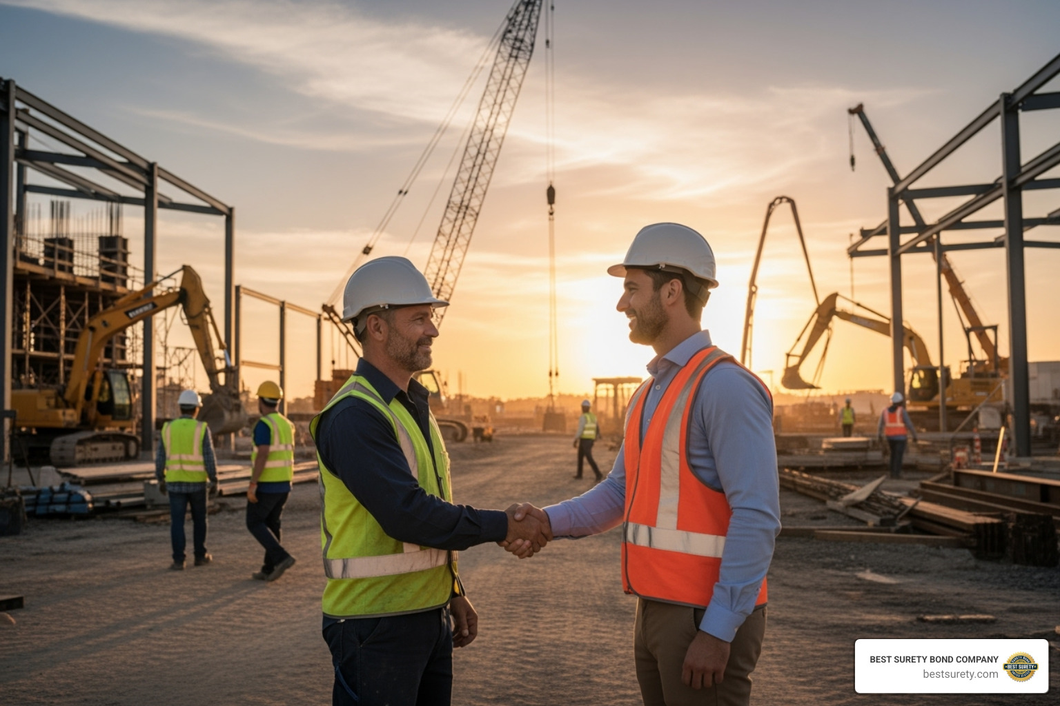 A contractor and project owner shake hands on a construction site, symbolizing a successful partnership built on trust and a secured bond. - contractor surety bond cost
