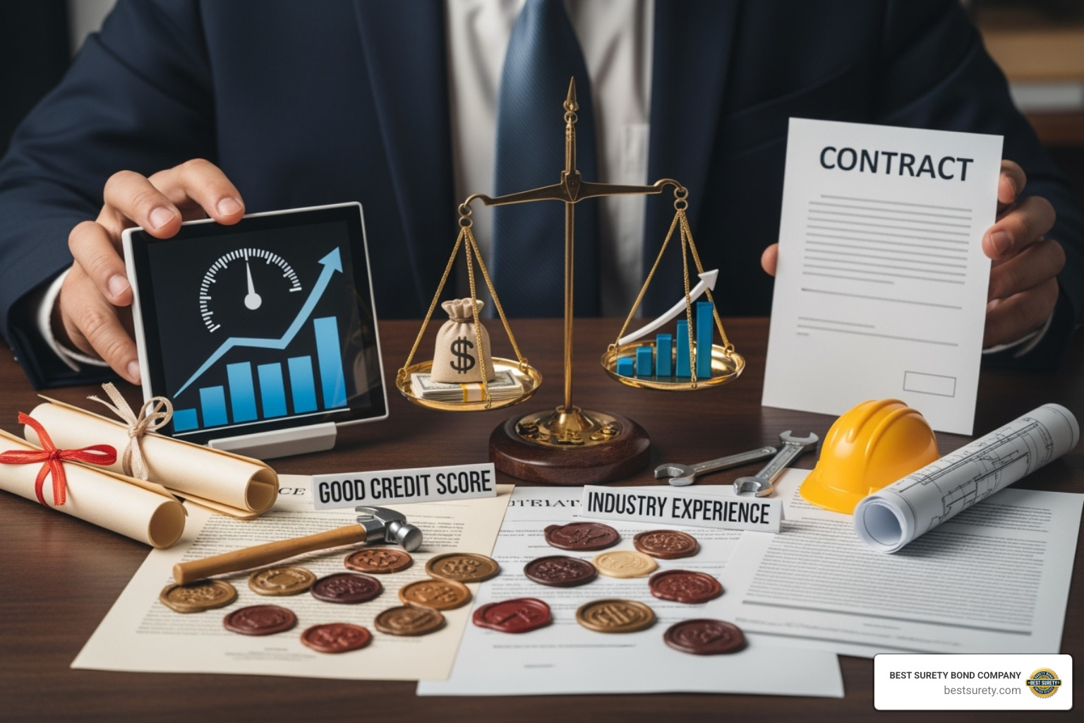 A checklist highlighting the crucial factors that influence surety bond premiums: Credit Score, Financial Strength, Industry Experience, and Bond Type. - contractor surety bond cost