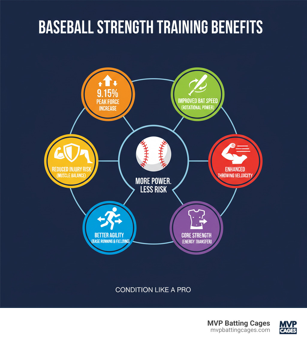 Comprehensive infographic showing baseball strength training benefits including 9.15% increase in peak force, improved bat speed through rotational power, reduced injury risk via muscle balance, improved throwing velocity, better agility for base running and fielding, and core strength as the foundation for energy transfer from lower to upper body - baseball strength training infographic 