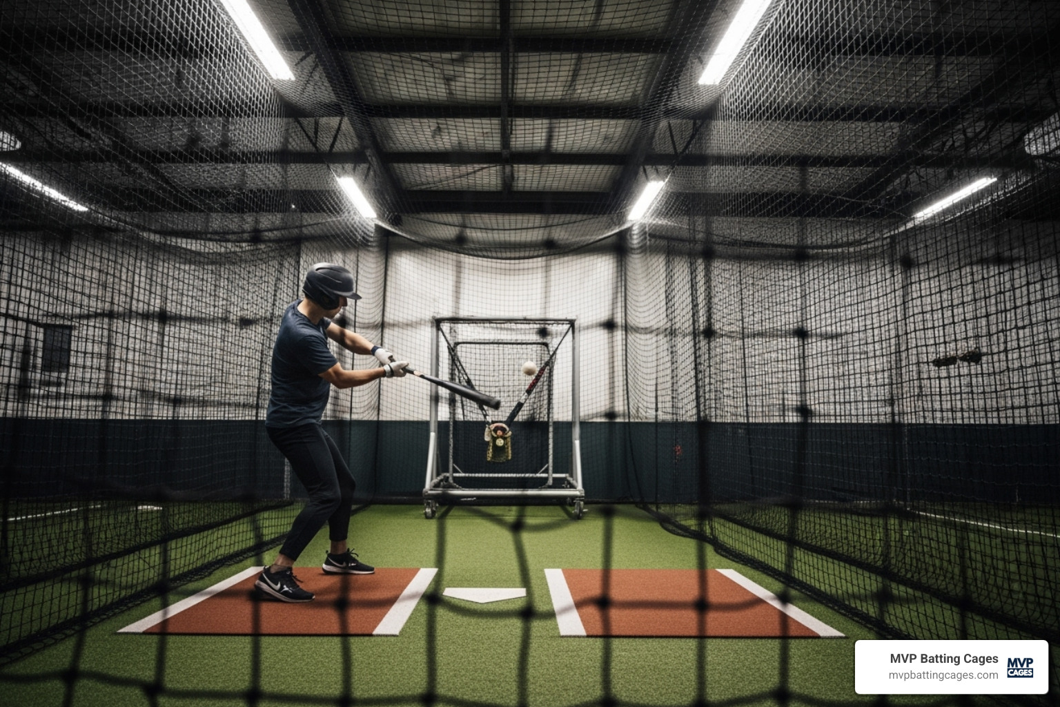 Interior view of MVP Batting Cages, showing a player in a batting cage using a pitching machine - baseball strength training