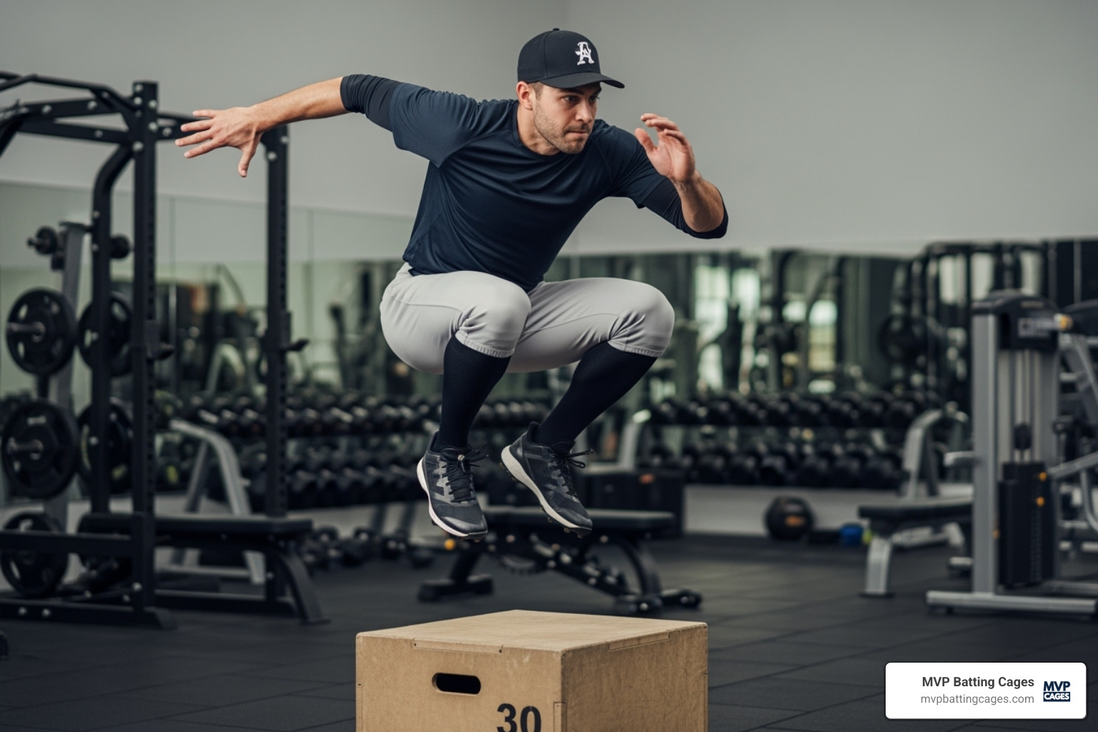 A baseball player performing a box jump, demonstrating explosive lower body power and agility - baseball strength training