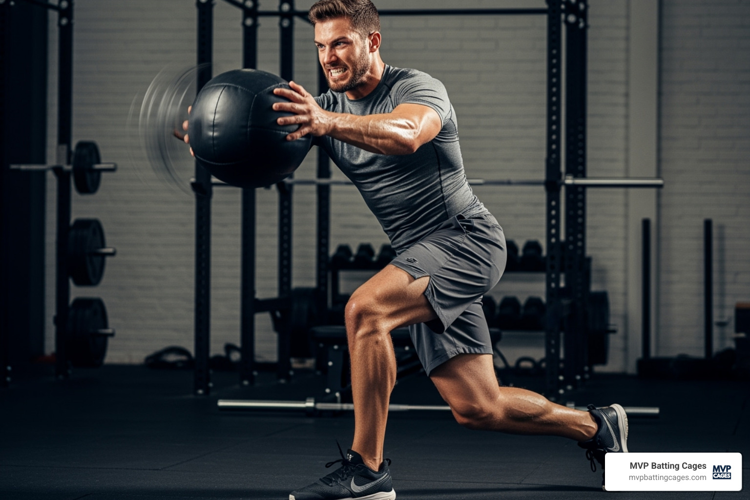A baseball player performing a rotational medicine ball throw, demonstrating explosive core power - baseball strength training