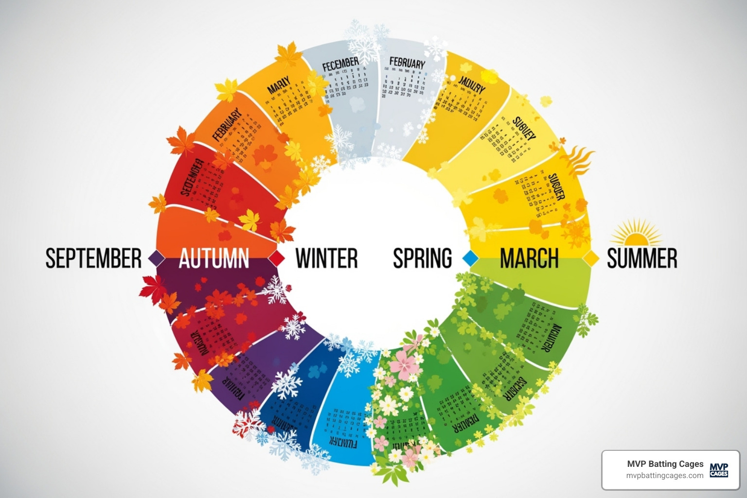 A calendar showing the four distinct phases of baseball training: Off-Season (October-December), Pre-Season (January-March), In-Season (April-August), and Post-Season (September) - baseball strength training
