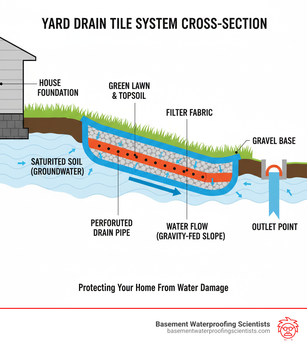 Infographic showing cross-section of a yard drain tile system with perforated pipe collecting groundwater from saturated soil, surrounded by gravel and filter fabric, channeling water through a sloped trench to an outlet point away from the house - how to install drain tile in yard infographic Infographic showing cross-section of a yard drain tile system with perforated pipe collecting groundwater from saturated soil, surrounded by gravel and filter fabric, channeling water through a sloped trench to an outlet point away from the house - how to install drain tile in yard infographic