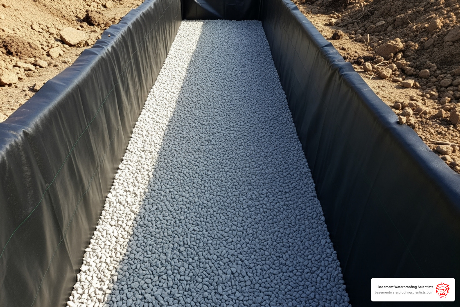 Trench lined with landscape fabric with a layer of gravel at the bottom - how to install drain tile in yard Trench lined with landscape fabric with a layer of gravel at the bottom - how to install drain tile in yard