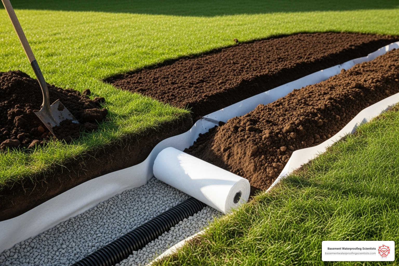 Completed trench with gravel covering the pipe, fabric folded over, and topsoil being added - how to install drain tile in yard Completed trench with gravel covering the pipe, fabric folded over, and topsoil being added - how to install drain tile in yard