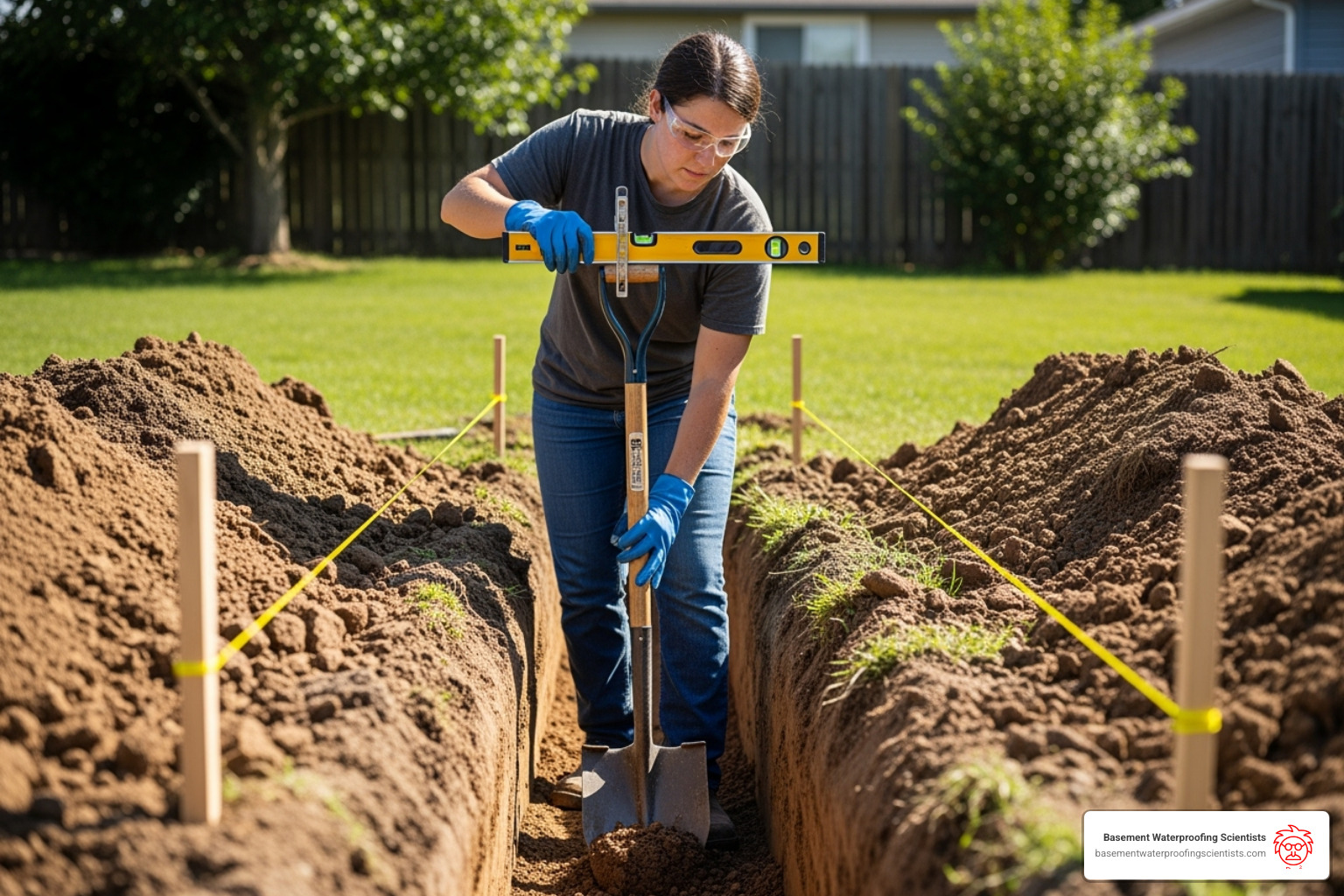 Person digging a trench using a string line and level to ensure proper slope - how to install drain tile in yard Person digging a trench using a string line and level to ensure proper slope - how to install drain tile in yard
