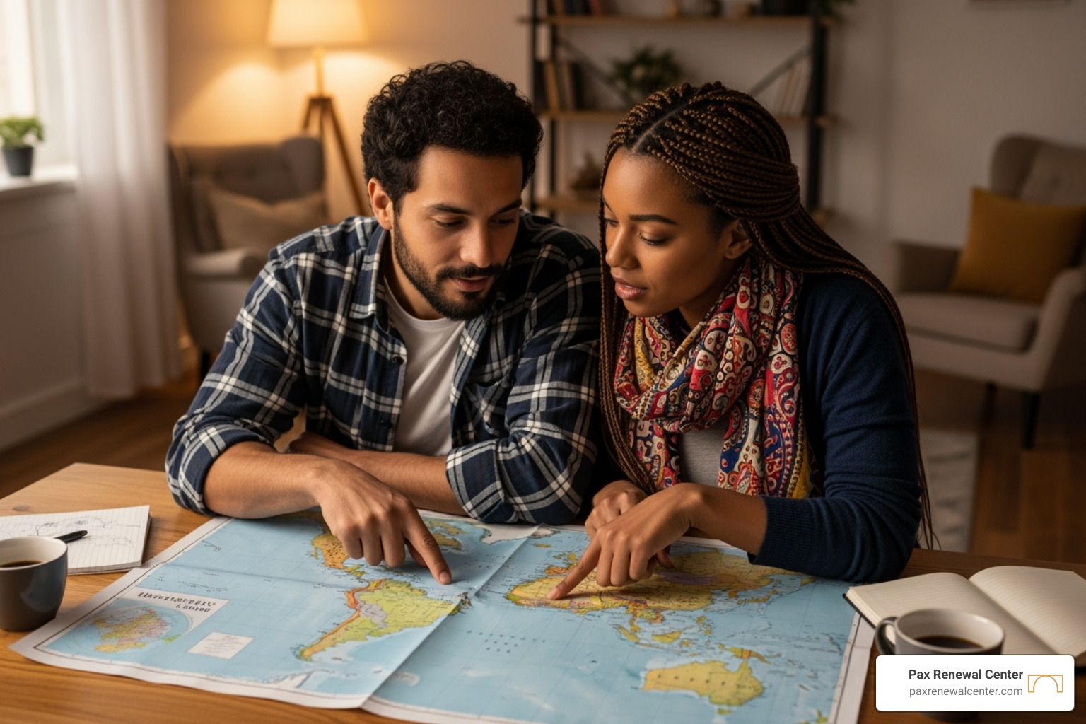 couple looking at a map together, planning their future - long distance couples counseling