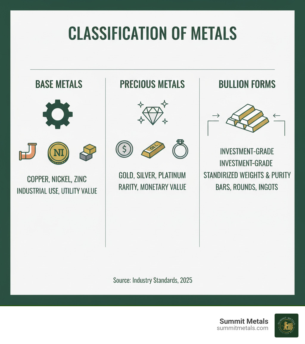 Infographic showing the classification of metals: base metals (copper, nickel, zinc) valued primarily for industrial use; precious metals (gold, silver, platinum) valued for rarity and monetary properties; and bullion forms which are investment-grade versions of both categories produced in standardized weights and purities - What is copper bullion? infographic 