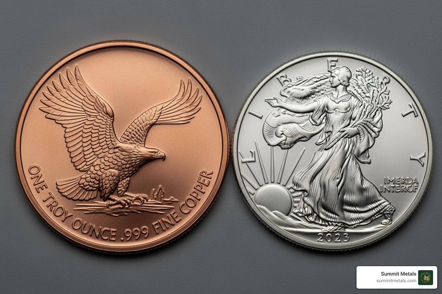 A decorative 1 oz copper round next to a 1 oz American Silver Eagle for size comparison - What is copper bullion?