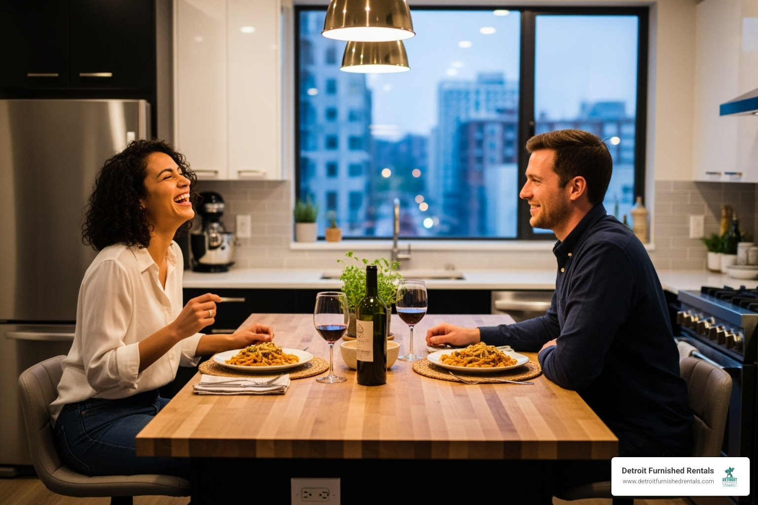 A couple enjoying a home-cooked dinner in a stylish apartment kitchen, laughing and sharing a meal - Extended stay kitchen