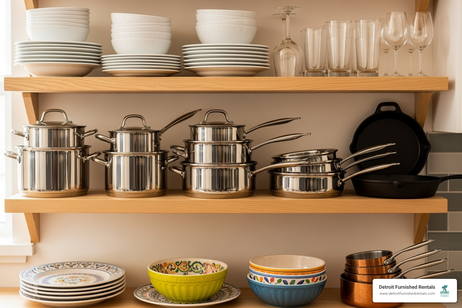Neatly arranged cookware and dishes on a kitchen shelf, showcasing various pots, pans, plates, and glasses - Extended stay kitchen