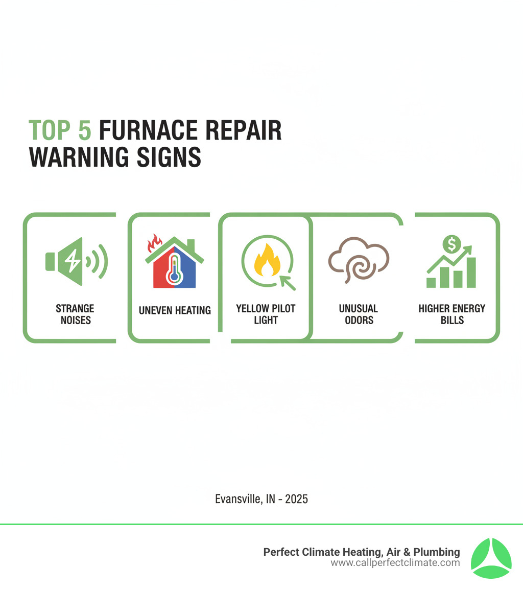 Infographic showing the top 5 warning signs a furnace needs repair: strange noises from the unit, uneven heating in different rooms, yellow pilot light flame, unusual odors from vents, and higher energy bills - furnace repair evansville in infographic Infographic showing the top 5 warning signs a furnace needs repair: strange noises from the unit, uneven heating in different rooms, yellow pilot light flame, unusual odors from vents, and higher energy bills - furnace repair evansville in infographic