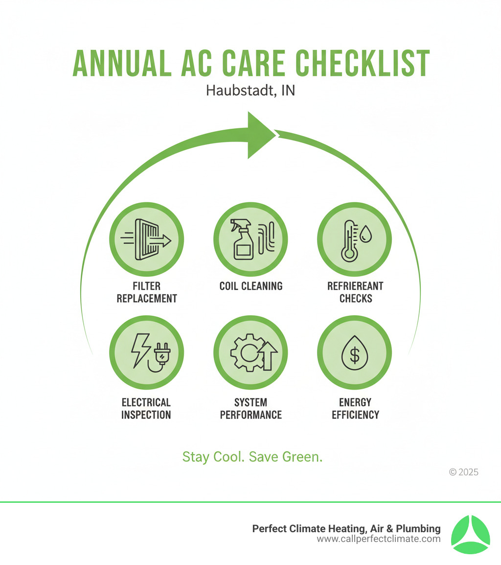 Infographic showing annual AC maintenance checklist including filter replacement, coil cleaning, refrigerant checks, electrical inspections, and system performance testing with energy efficiency improvements - ac maintenance haubstadt in infographic Infographic showing annual AC maintenance checklist including filter replacement, coil cleaning, refrigerant checks, electrical inspections, and system performance testing with energy efficiency improvements - ac maintenance haubstadt in infographic