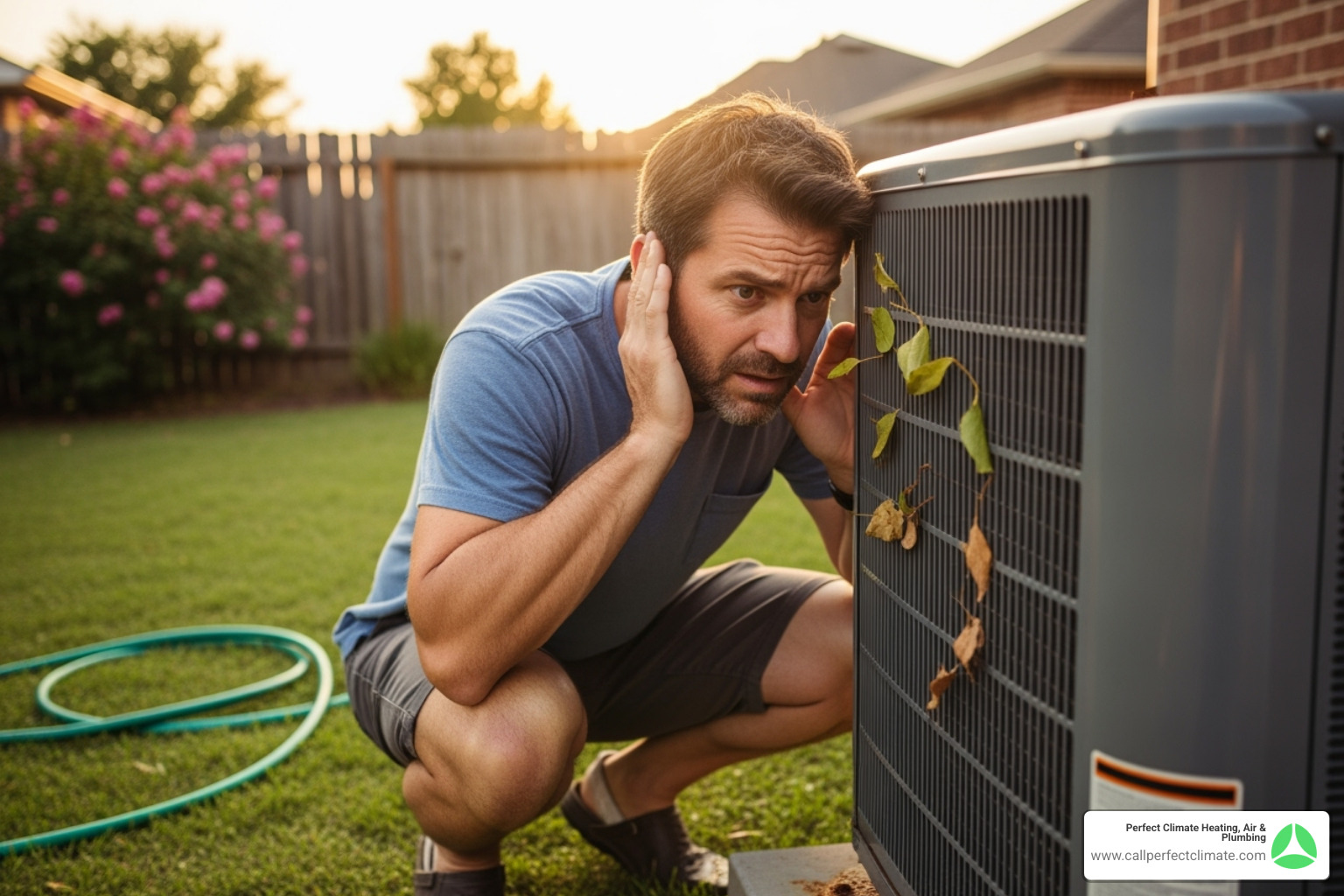 A homeowner looking concerned while listening to a noisy outdoor AC unit - ac maintenance haubstadt in A homeowner looking concerned while listening to a noisy outdoor AC unit - ac maintenance haubstadt in