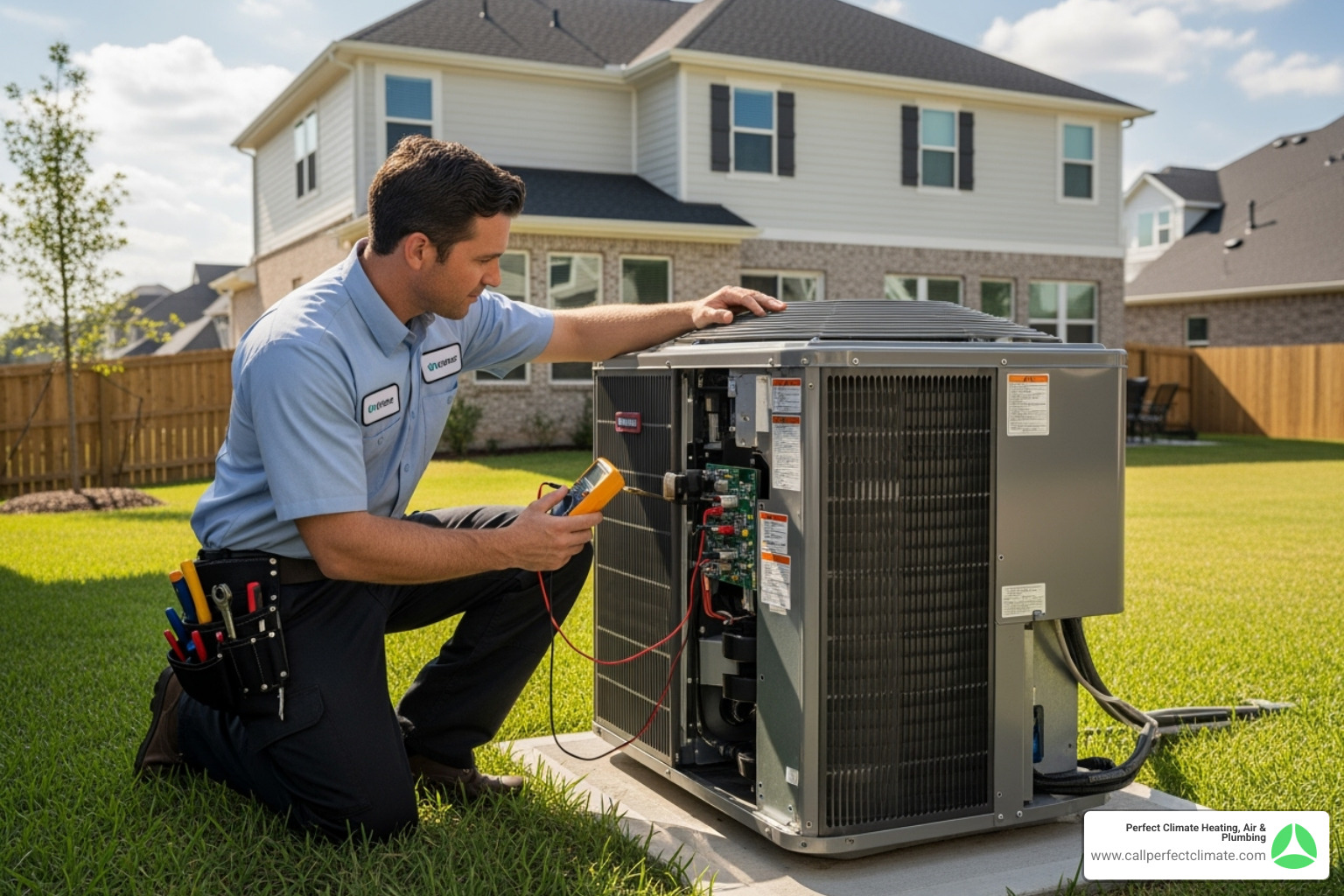 A technician inspecting the outdoor unit of a high-efficiency AC system - ac maintenance haubstadt in A technician inspecting the outdoor unit of a high-efficiency AC system - ac maintenance haubstadt in