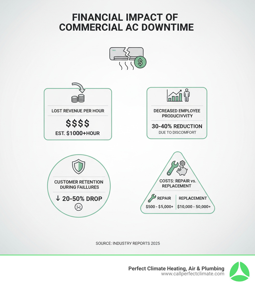 Infographic showing the financial impact of commercial AC downtime including lost revenue per hour, decreased employee productivity percentages, customer retention rates during equipment failures, and average repair costs versus replacement costs - commercial ac repair haubstadt in infographic 