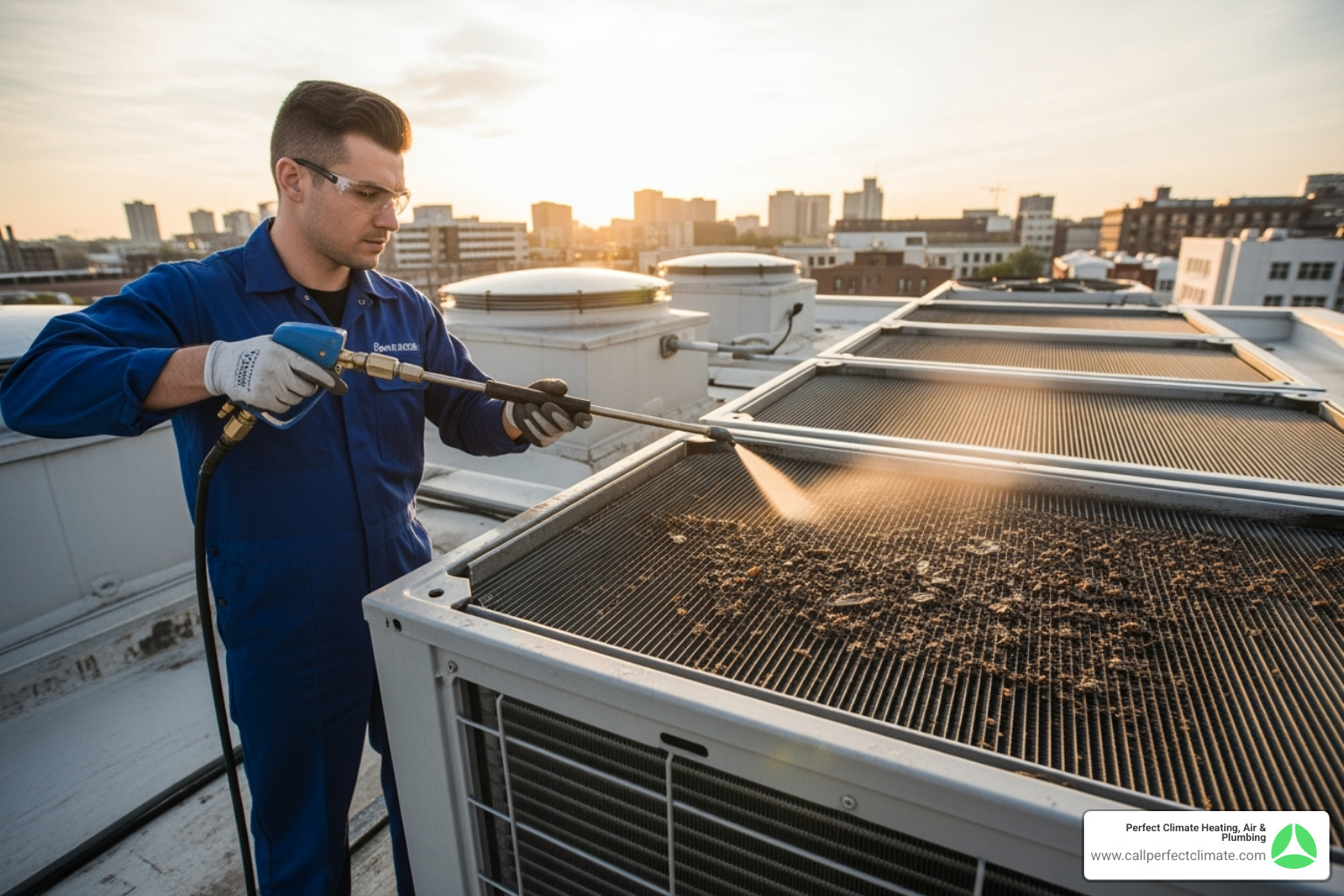 Technician cleaning the coils of a commercial air conditioner - commercial ac repair haubstadt in