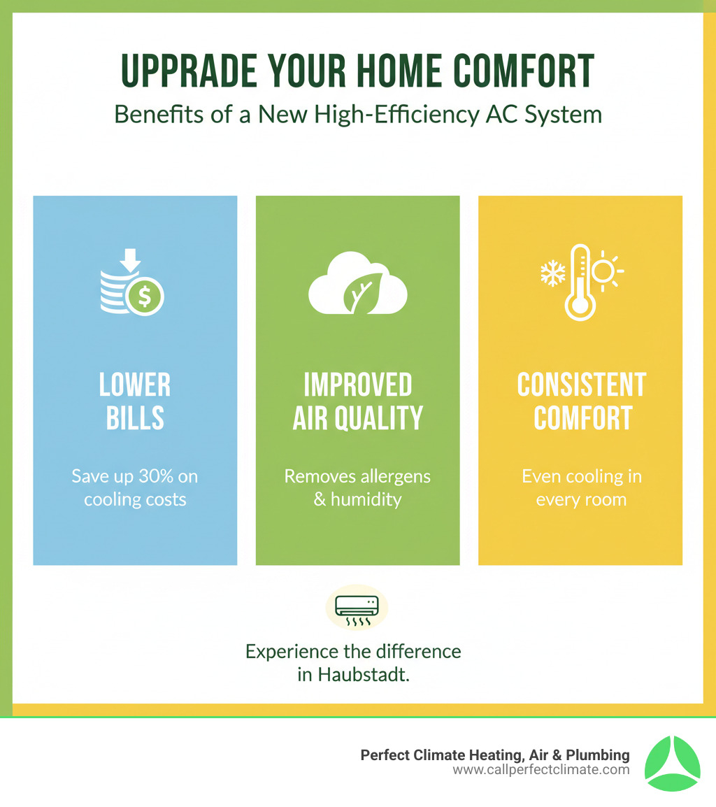 Infographic explaining the benefits of a new high-efficiency AC system, such as lower energy bills, improved air quality, and consistent comfort - ac installation haubstadt in infographic  Infographic explaining the benefits of a new high-efficiency AC system, such as lower energy bills, improved air quality, and consistent comfort - ac installation haubstadt in infographic