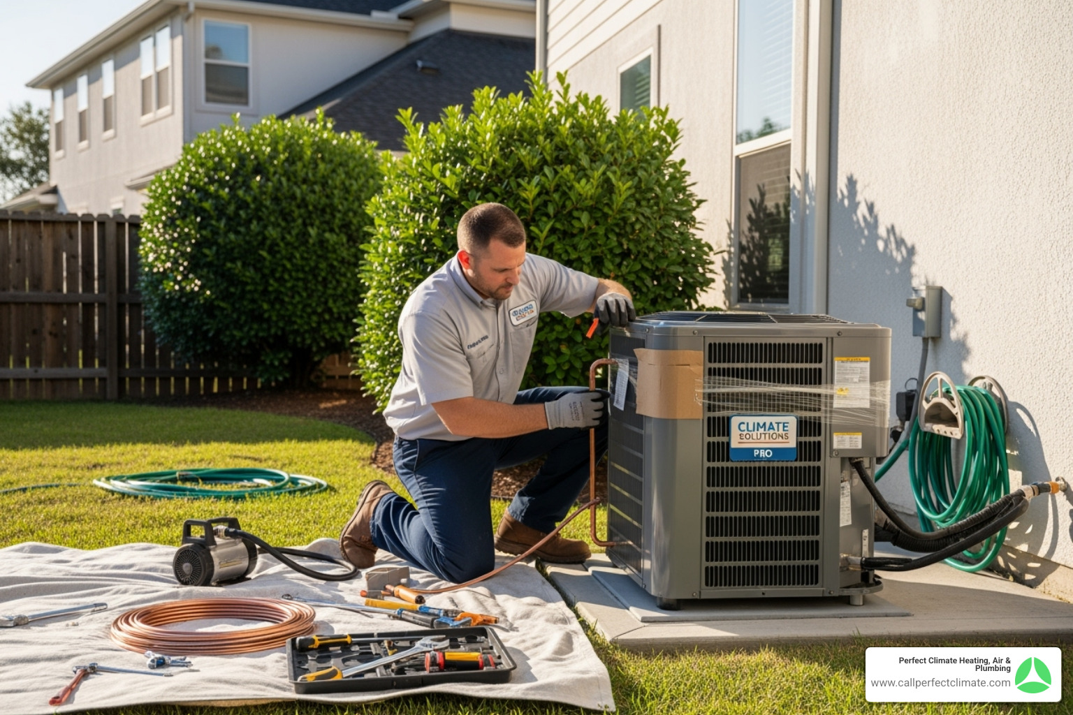 A certified technician carefully installing a new outdoor condenser unit - ac installation haubstadt in A certified technician carefully installing a new outdoor condenser unit - ac installation haubstadt in