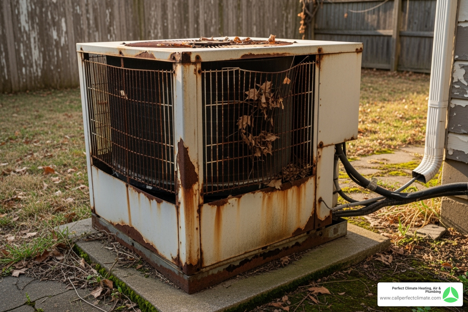An old, weathered outdoor AC unit with some rust - ac installation haubstadt in An old, weathered outdoor AC unit with some rust - ac installation haubstadt in
