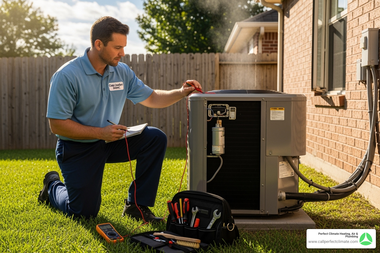 A technician performing a tune-up on a clean AC unit - ac installation haubstadt in A technician performing a tune-up on a clean AC unit - ac installation haubstadt in