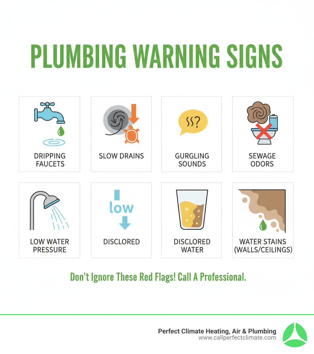 Infographic showing common plumbing warning signs including dripping faucets, slow drains, gurgling sounds, sewage odors, low water pressure, discolored water, and water stains on walls or ceilings - reliable plumber evansville infographic Infographic showing common plumbing warning signs including dripping faucets, slow drains, gurgling sounds, sewage odors, low water pressure, discolored water, and water stains on walls or ceilings - reliable plumber evansville infographic