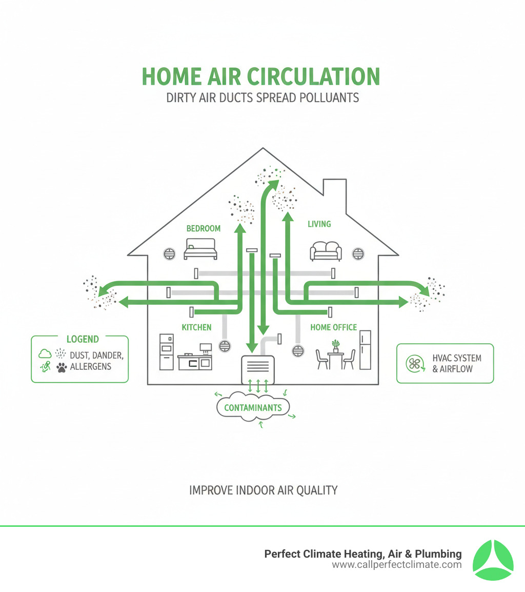 Infographic showing how dust, allergens, pet dander, and contaminants circulate through a home's HVAC system via dirty air ducts, with arrows indicating airflow patterns and particles being distributed to different rooms - air duct cleaning haubstadt in infographic Infographic showing how dust, allergens, pet dander, and contaminants circulate through a home's HVAC system via dirty air ducts, with arrows indicating airflow patterns and particles being distributed to different rooms - air duct cleaning haubstadt in infographic