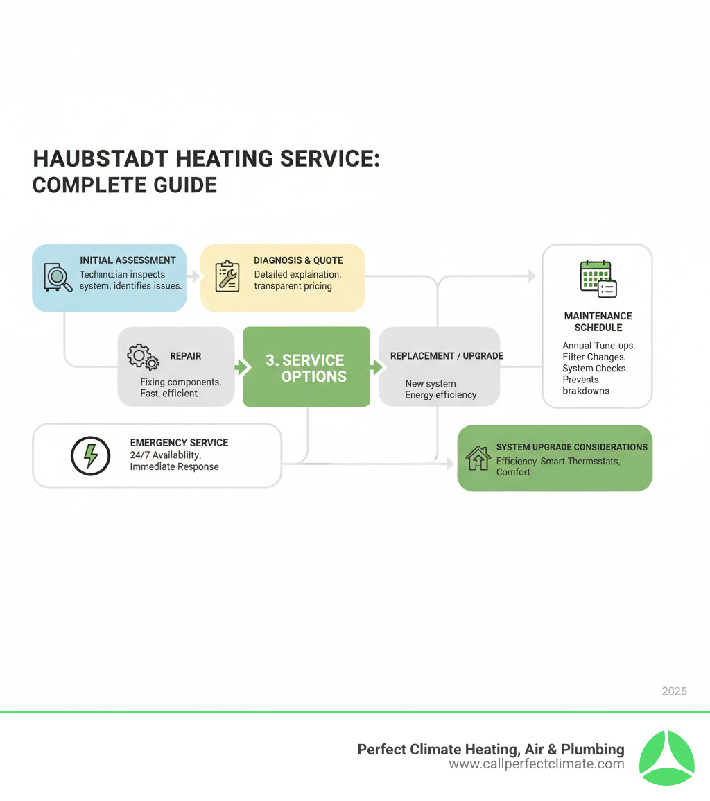 Comprehensive guide showing the heating service process from initial assessment through repair or replacement, including emergency service options, maintenance schedules, and system upgrade considerations for Haubstadt residents - hvac heating service haubstadt in infographic  Comprehensive guide showing the heating service process from initial assessment through repair or replacement, including emergency service options, maintenance schedules, and system upgrade considerations for Haubstadt residents - hvac heating service haubstadt in infographic