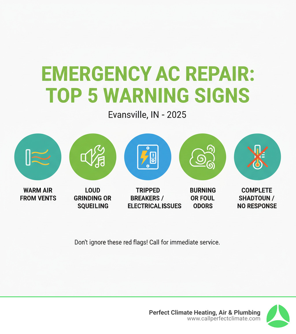 Infographic showing the top 5 emergency AC repair warning signs: warm air from vents, loud grinding or squealing noises, electrical problems with tripped breakers, burning or foul odors from the system, and complete AC shutdown with no thermostat response - emergency ac repair evansville in infographic Infographic showing the top 5 emergency AC repair warning signs: warm air from vents, loud grinding or squealing noises, electrical problems with tripped breakers, burning or foul odors from the system, and complete AC shutdown with no thermostat response - emergency ac repair evansville in infographic
