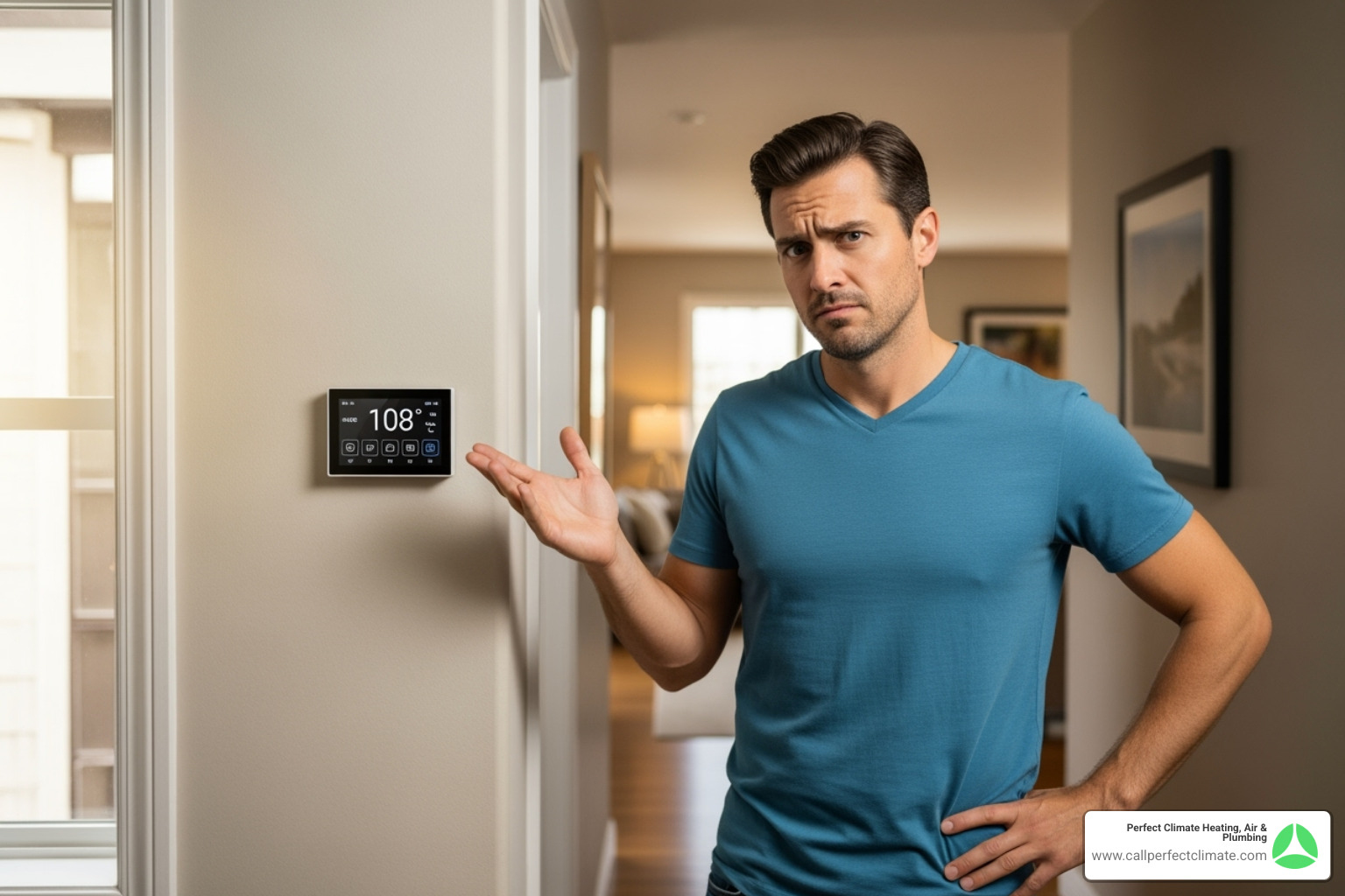 homeowner looking quizzically at a thermostat - hvac heating service haubstadt in homeowner looking quizzically at a thermostat - hvac heating service haubstadt in