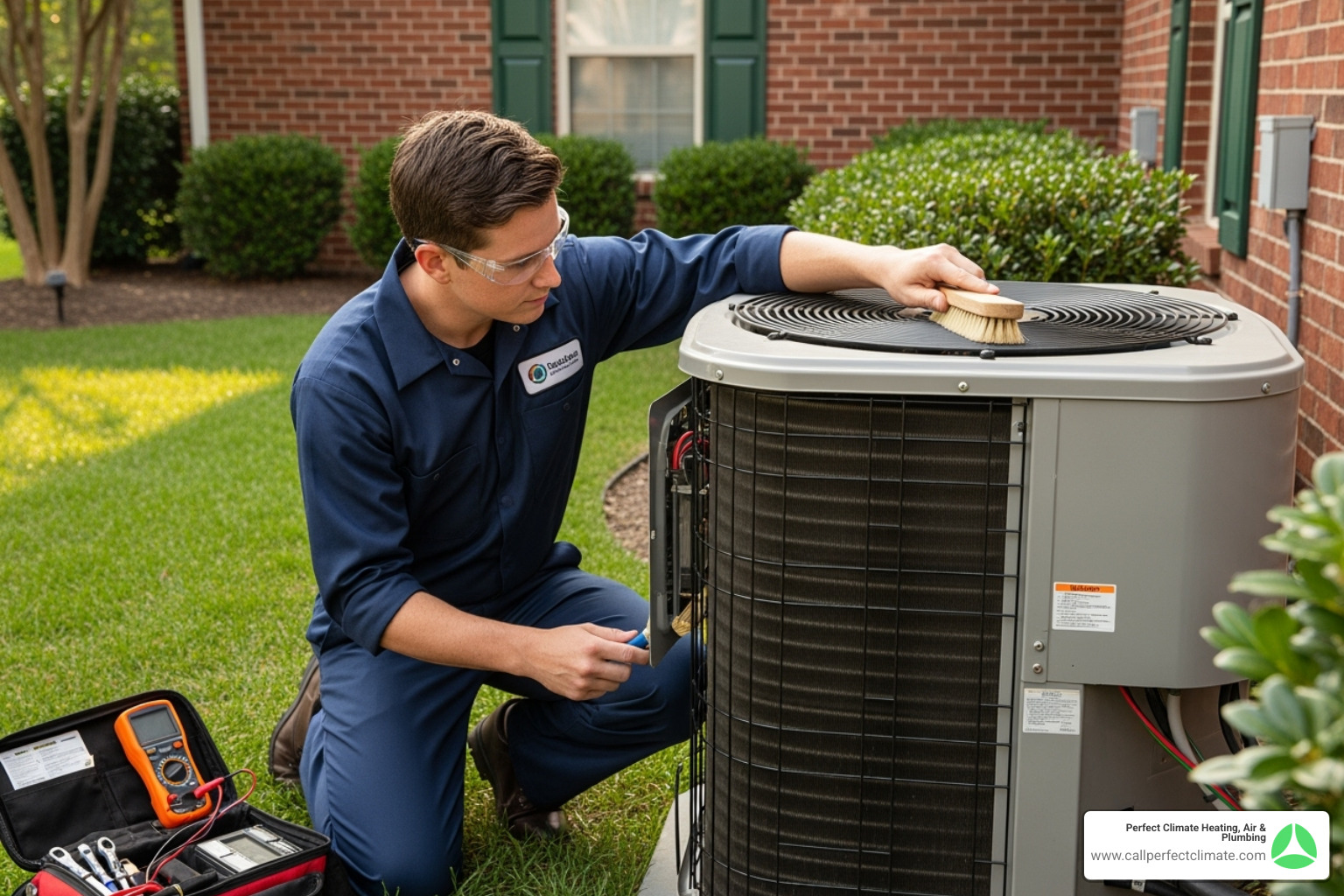 a technician performing routine maintenance on an outdoor AC unit - emergency ac repair evansville in a technician performing routine maintenance on an outdoor AC unit - emergency ac repair evansville in
