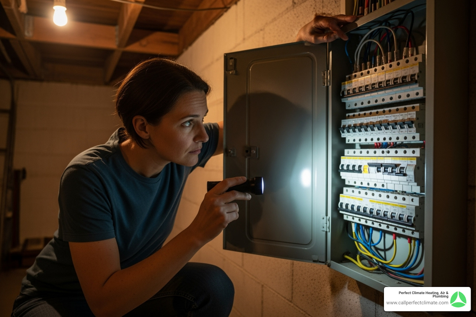 a homeowner checking a home circuit breaker panel - emergency ac repair evansville in a homeowner checking a home circuit breaker panel - emergency ac repair evansville in