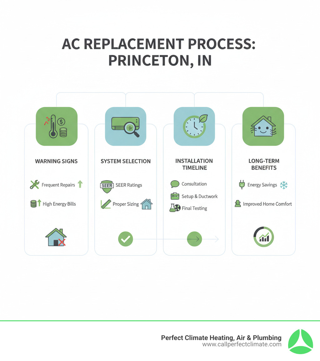 Comprehensive infographic showing the complete AC replacement process in Princeton IN, including warning signs like frequent repairs and high energy bills, system selection criteria such as SEER ratings and proper sizing, installation timeline from consultation to final testing, and long-term benefits including energy savings and improved home comfort - air conditioning replacement princeton in infographic  Comprehensive infographic showing the complete AC replacement process in Princeton IN, including warning signs like frequent repairs and high energy bills, system selection criteria such as SEER ratings and proper sizing, installation timeline from consultation to final testing, and long-term benefits including energy savings and improved home comfort - air conditioning replacement princeton in infographic