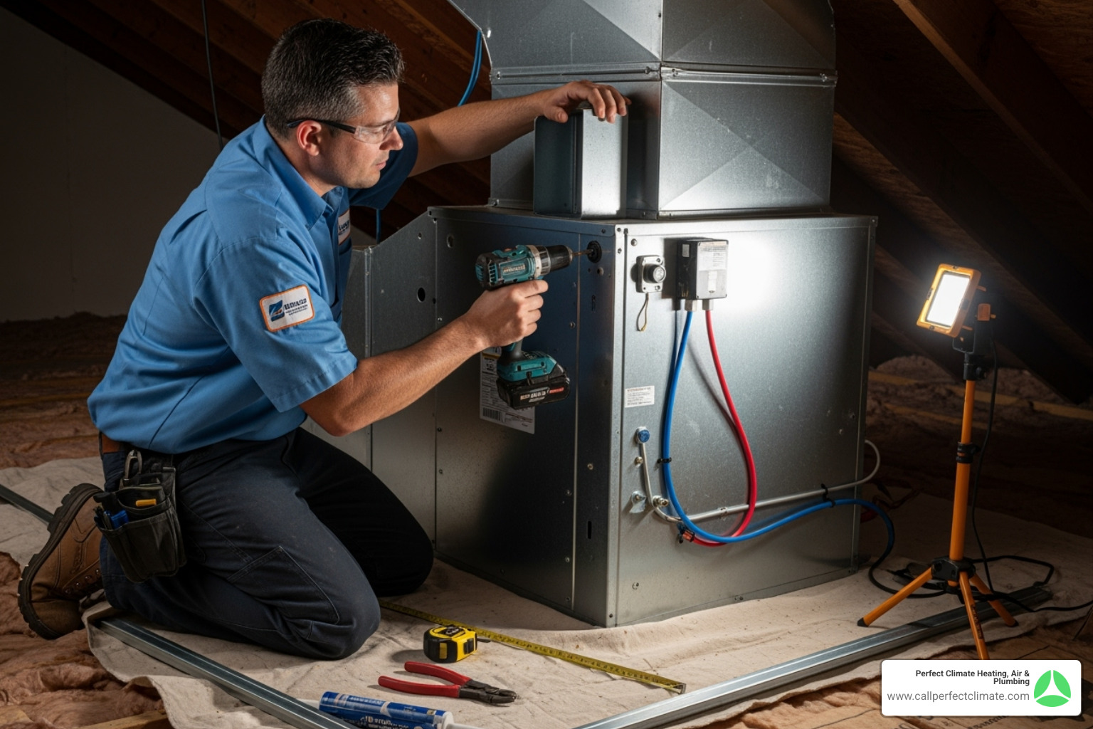 Certified technician carefully installing a new indoor air handler - air conditioning replacement princeton in Certified technician carefully installing a new indoor air handler - air conditioning replacement princeton in